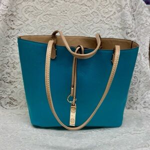 Large, Reversible Aqua-Tan Faux Leather Tote Handbag 12in x 11in x 5.5in